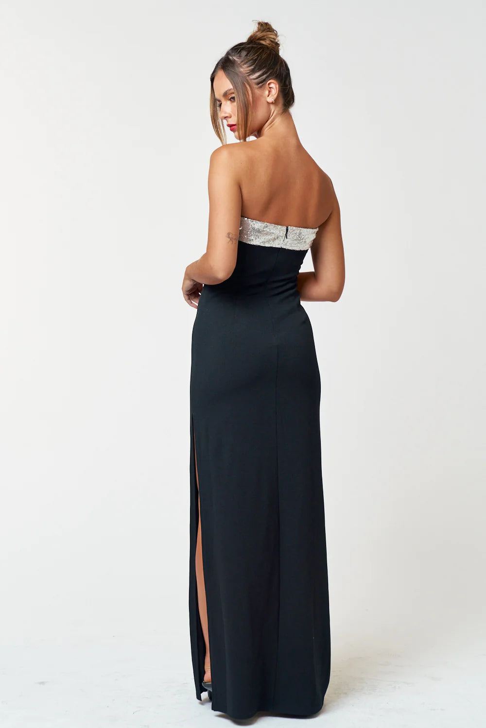 Crepe Knit Sequin Neck Tube Maxi Dress With Side Slit - Hedson.mx