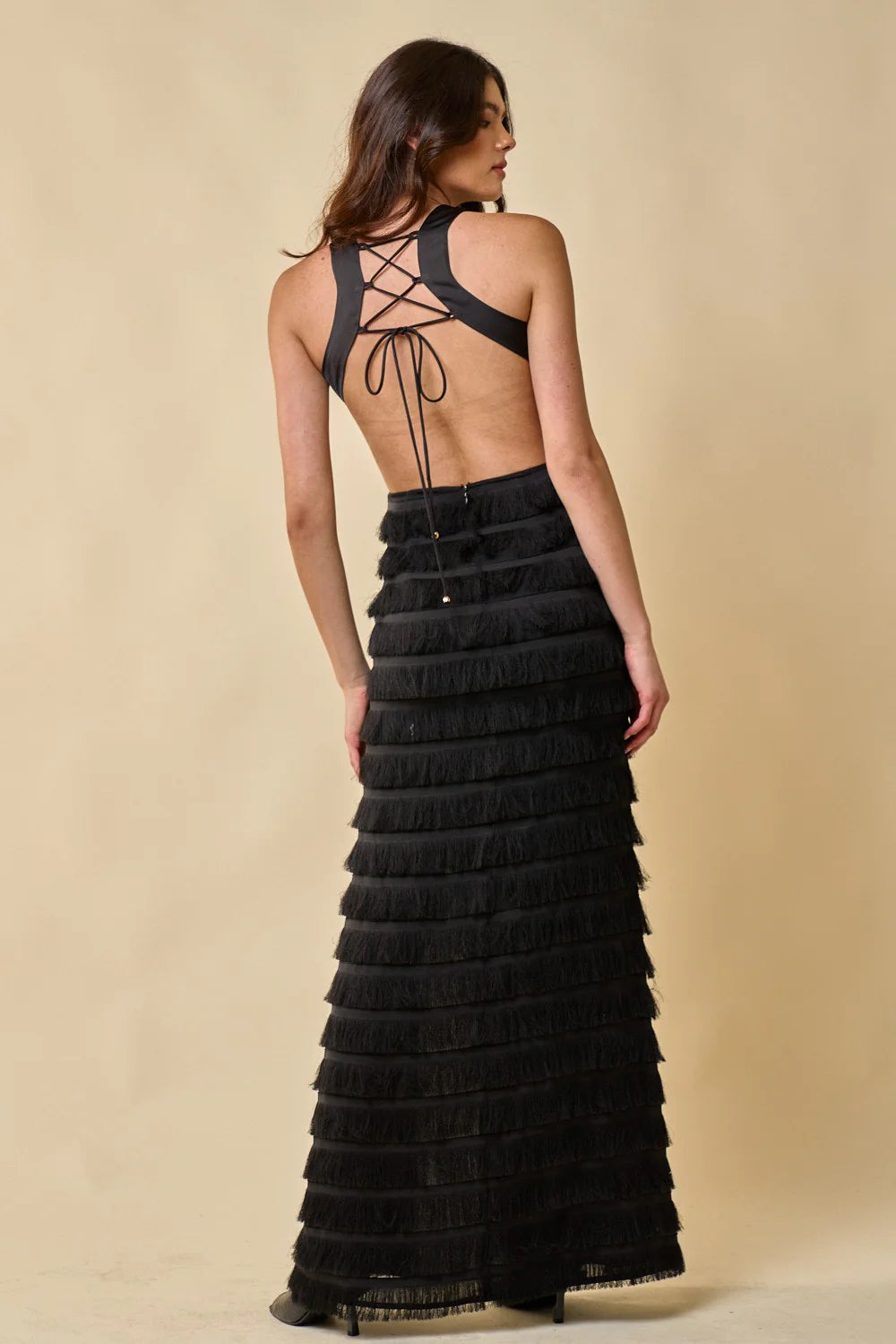 Open Back Layered Fringe Detail Cut Out Maxi Dress - Hedson.mx