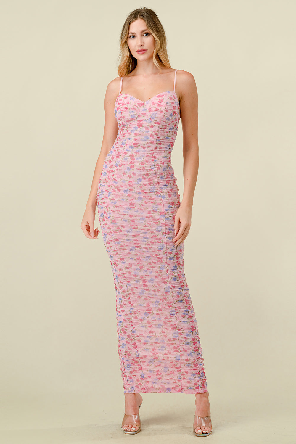 Ruched Floral Print Mesh Maxi Dress - Hedson.mx